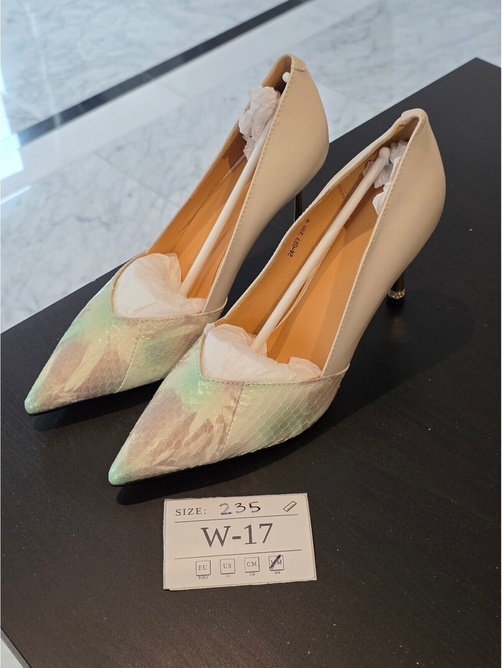 Women's Beige Pointed Heels with Snake Print Accent